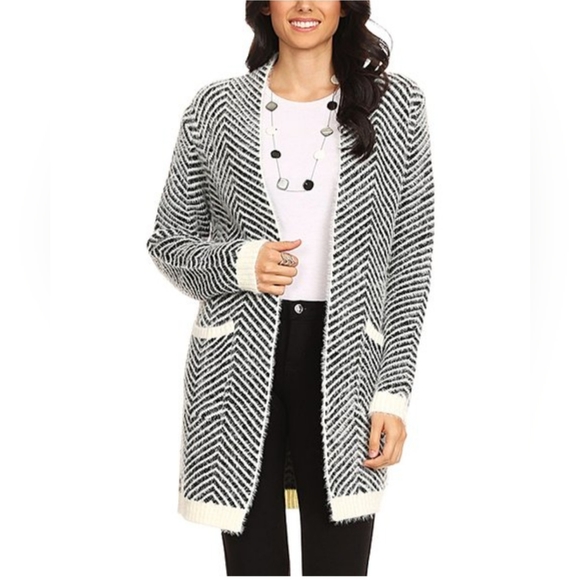 Black & White Herringbone Duster - Women & Plus/ Slonl R Long Cardigan - Picture 1 of 13